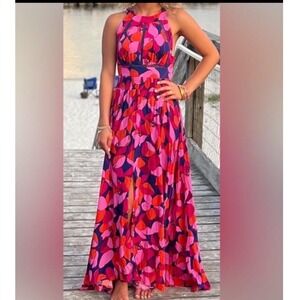 Abel The Label Pink Orange Floral Halter Maxi Dress Small